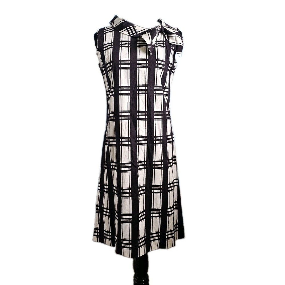 Vintage Mod A Line Shift Dress 60s 70s Sleeves Geometrical Collar Bow